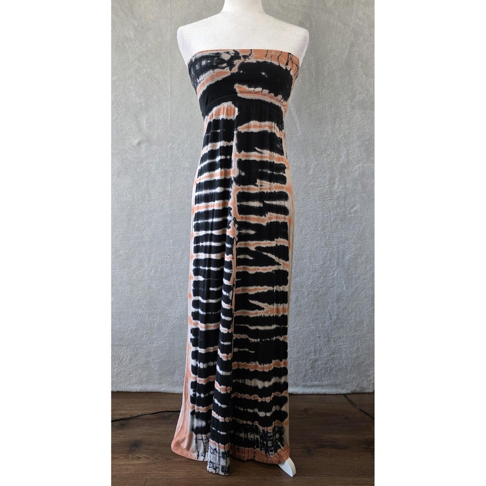 GUC Gypsy Dress Womens Small Black Peach Tie Dye Strapless Maxi Hollywood Bamboo